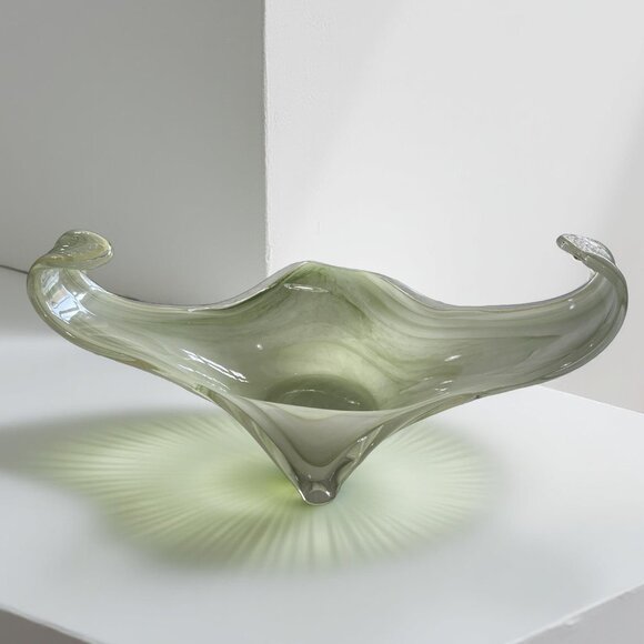 Chalet Style Art Glass Bowl Celadon Green Swirl Dish15" W